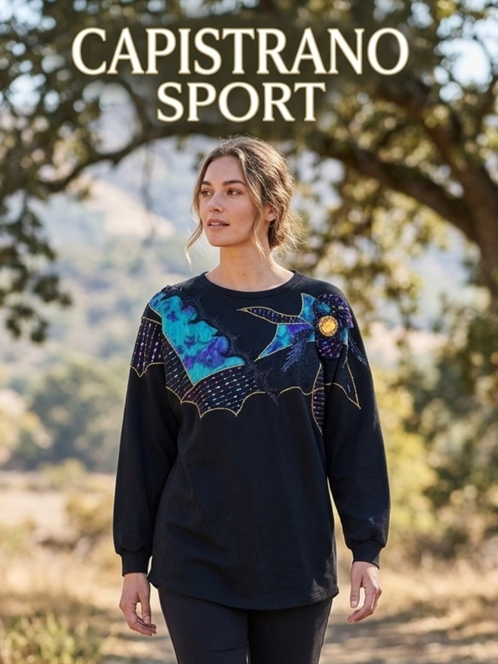 Vintage Capistrano Sport Black Sweatshirt Teal & Purple & Beaded Embellishments